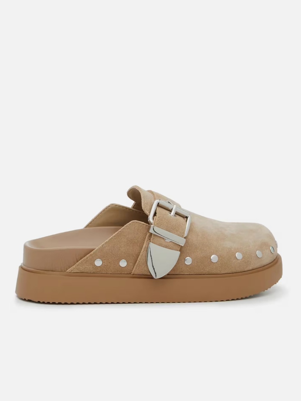 Steve Madden Tan Suede Studded Buckle Clog Mule - Picture 5 of 9